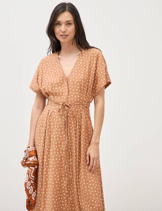 Robe fluide col v manches courtes marron clair femme
