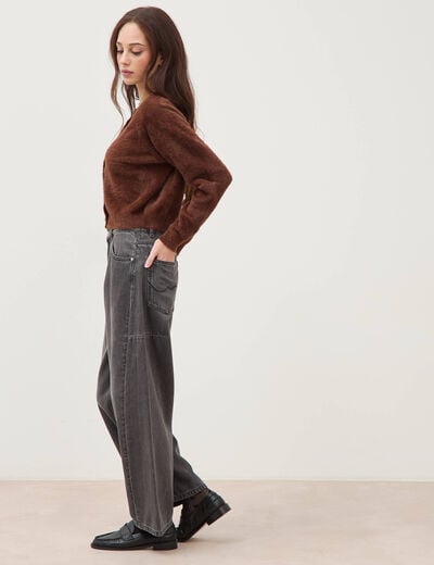 Gilet droit manches longues col rond marron femme