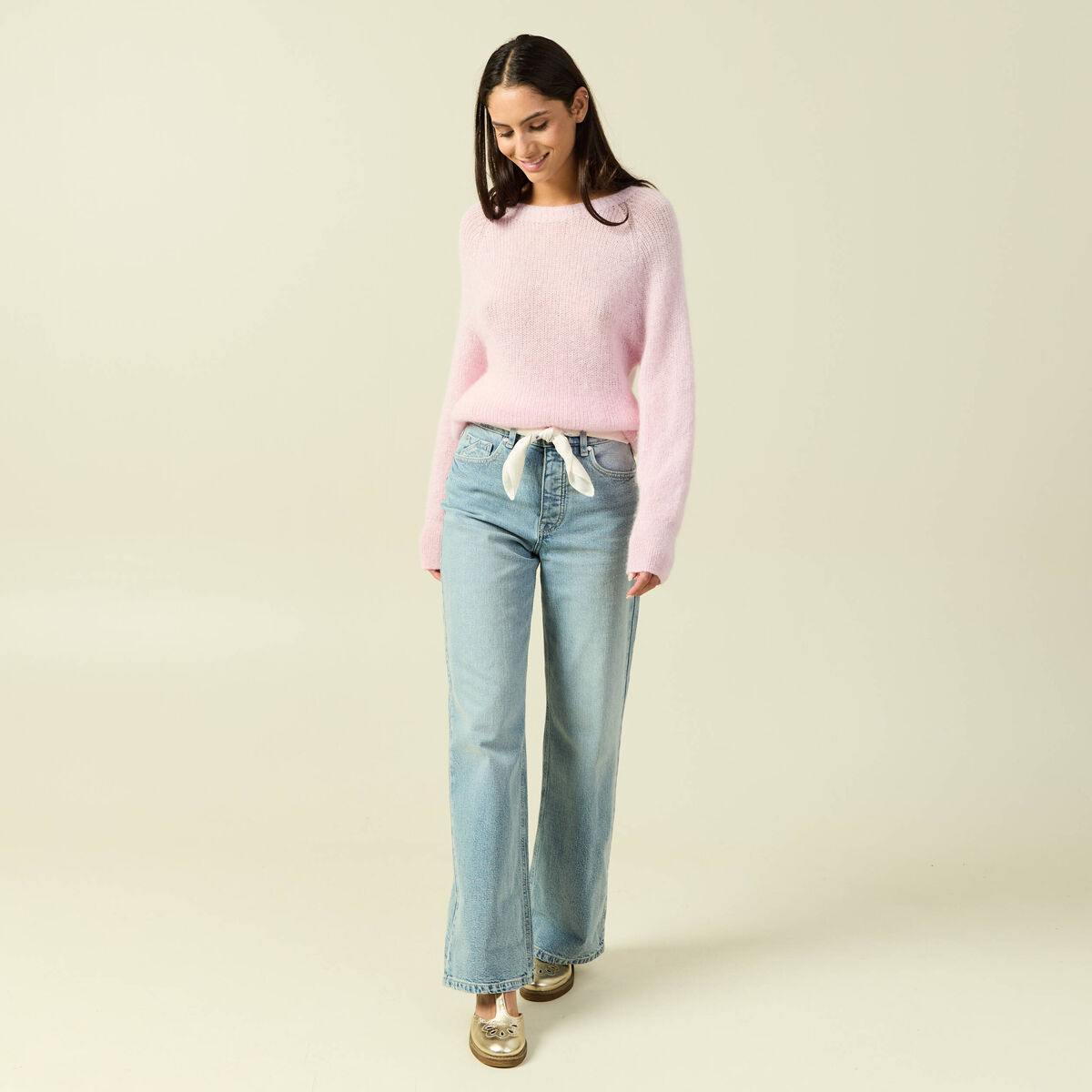 Pull manches longues col rond rose femme