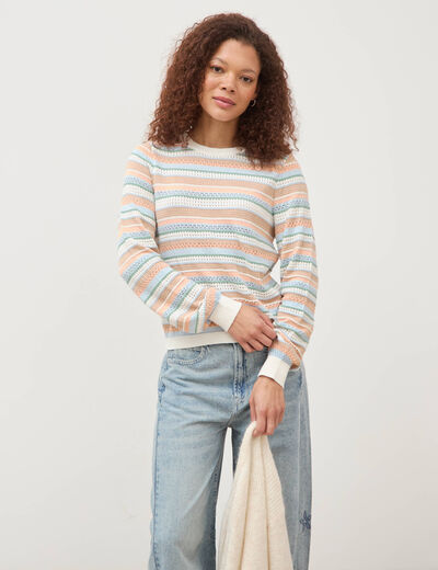 Pull ajour&eacute; col rond manches longues multicolore femme