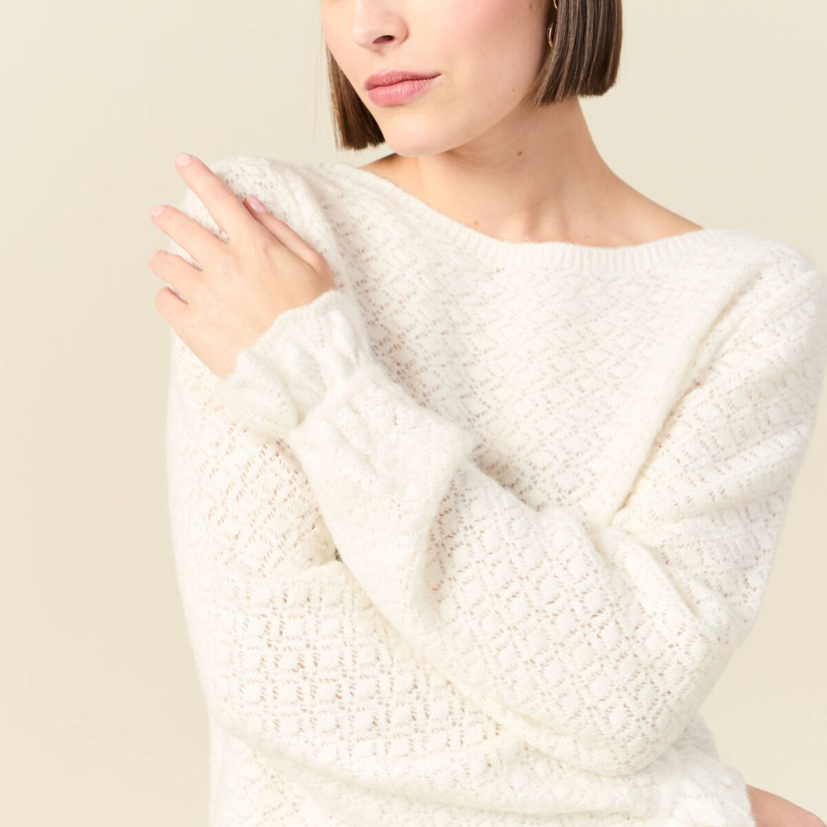 Pull ajour&eacute; col bateau manches longues ecru femme