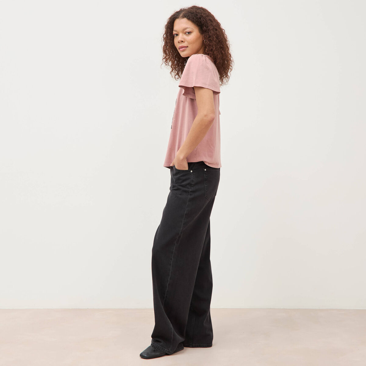 T-shirt droit col rond manches courtes vieux rose femme