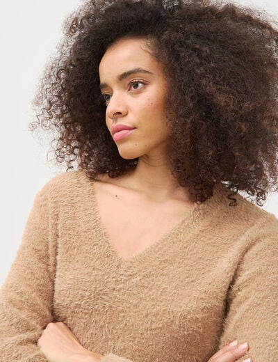 Pull droit col v manches longues camel femme