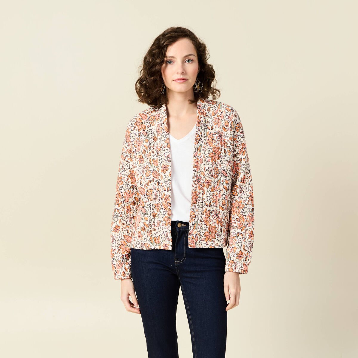 Gilet imprimé manches longues blanc femme