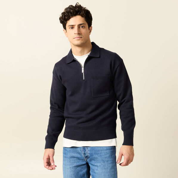 Pull manches longues col polo bleu marine homme