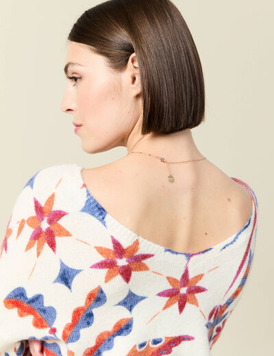 Pull manches longues col en V creme femme