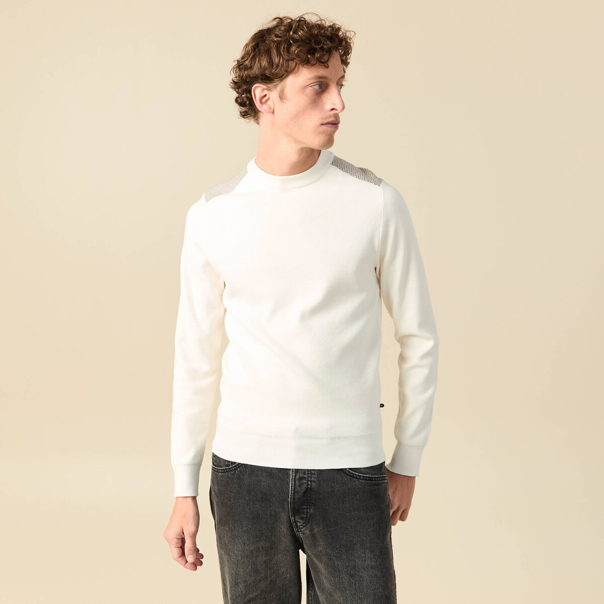 Pull fin col rond manches longues ecru homme