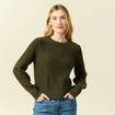 Pull manches longues col rond &agrave; sequins vert kaki femme