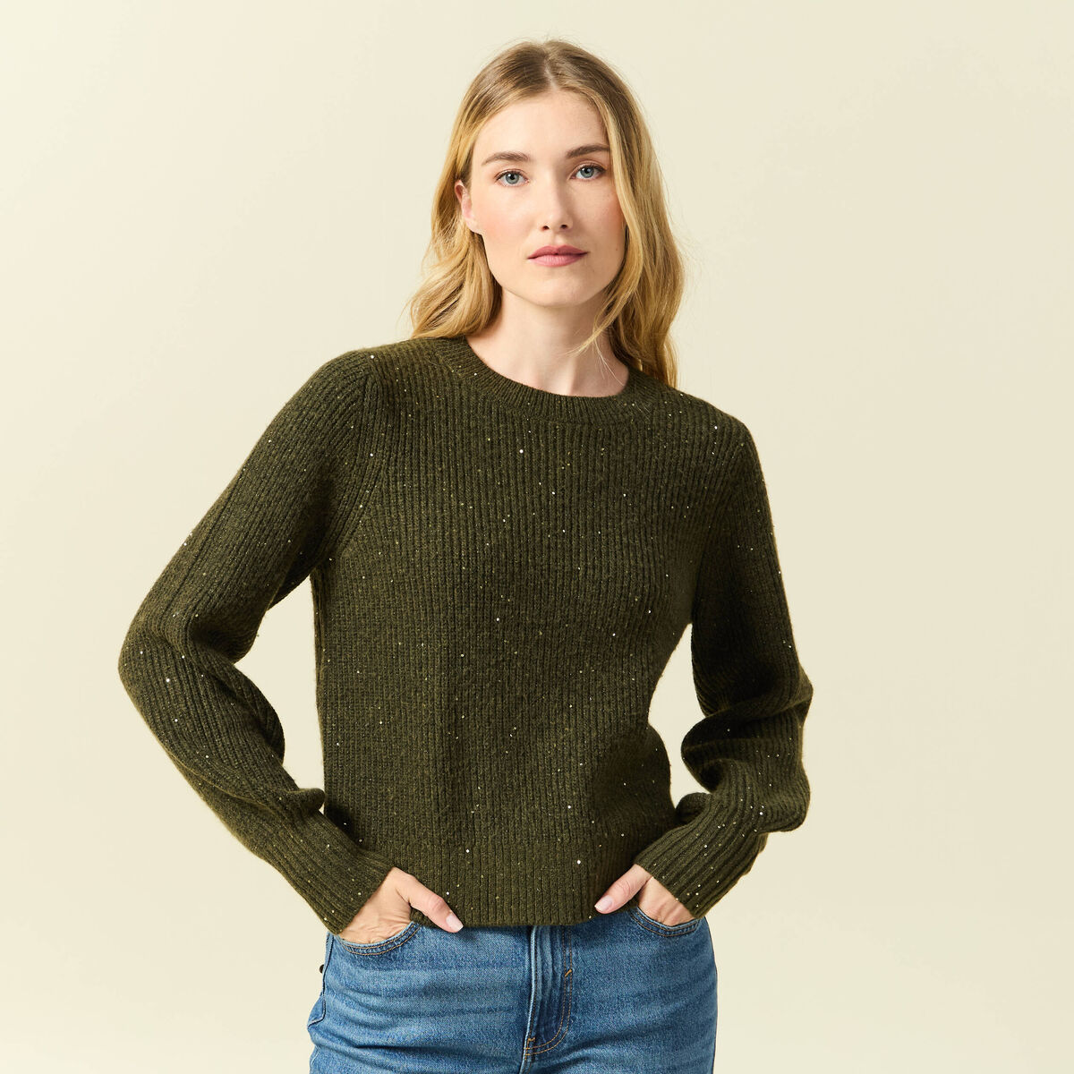 Pull manches longues col rond &agrave; sequins vert kaki femme