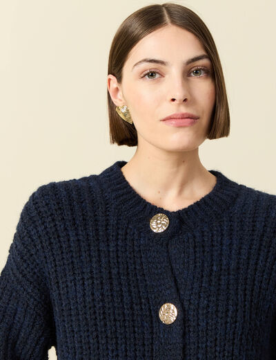 Gilet droit court manches longues bleu marine femme