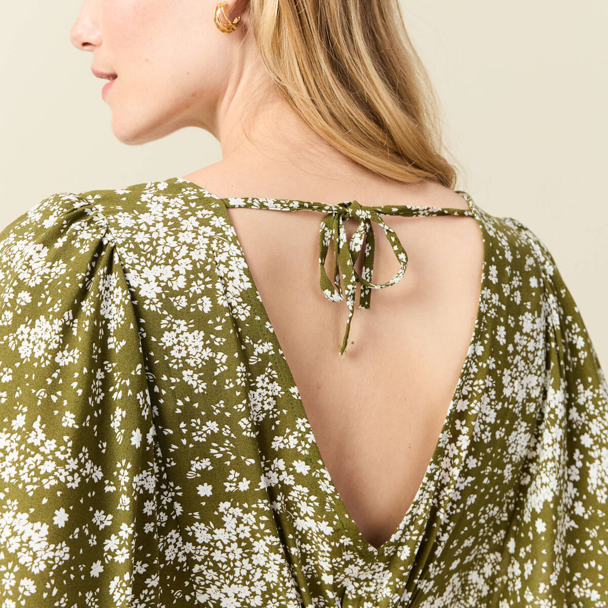 Robe évasée manches courtes vert olive femme