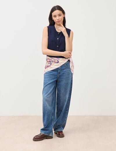Pull droit court sans manches col rond bleu marine femme