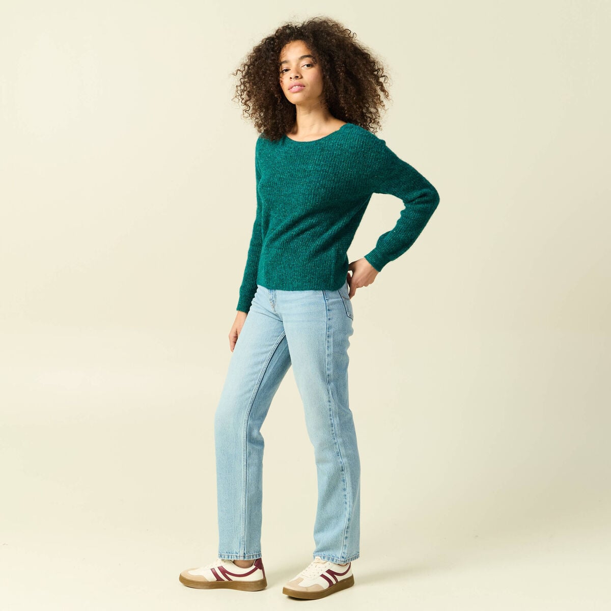 Pull r&eacute;versible manches longues col rond vert femme