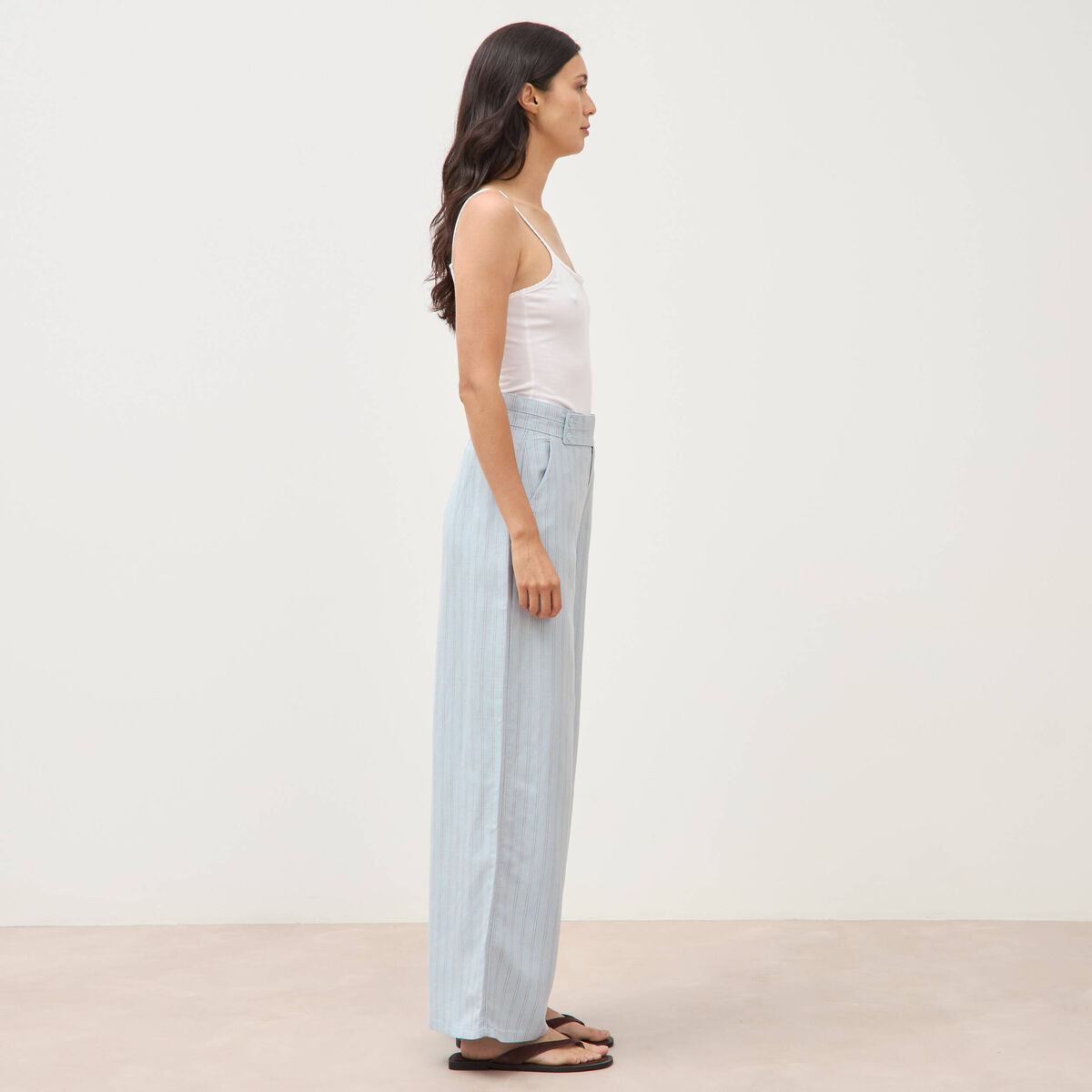 Pantalon large taille haute ceinture bleu ciel femme