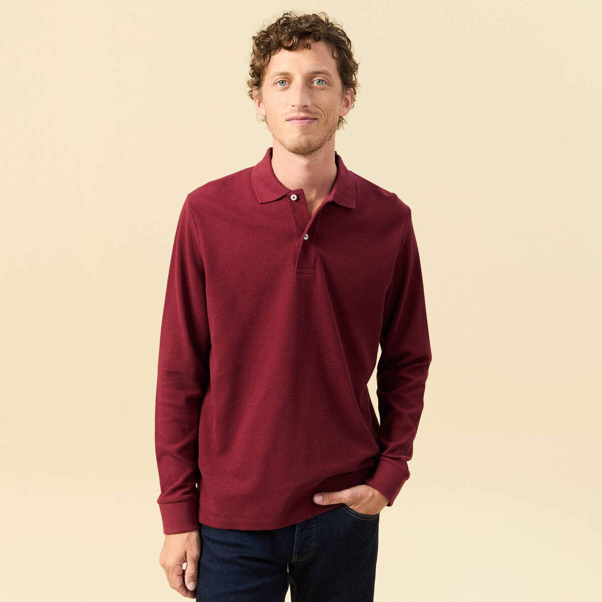Polo manches longues en coton bordeaux homme