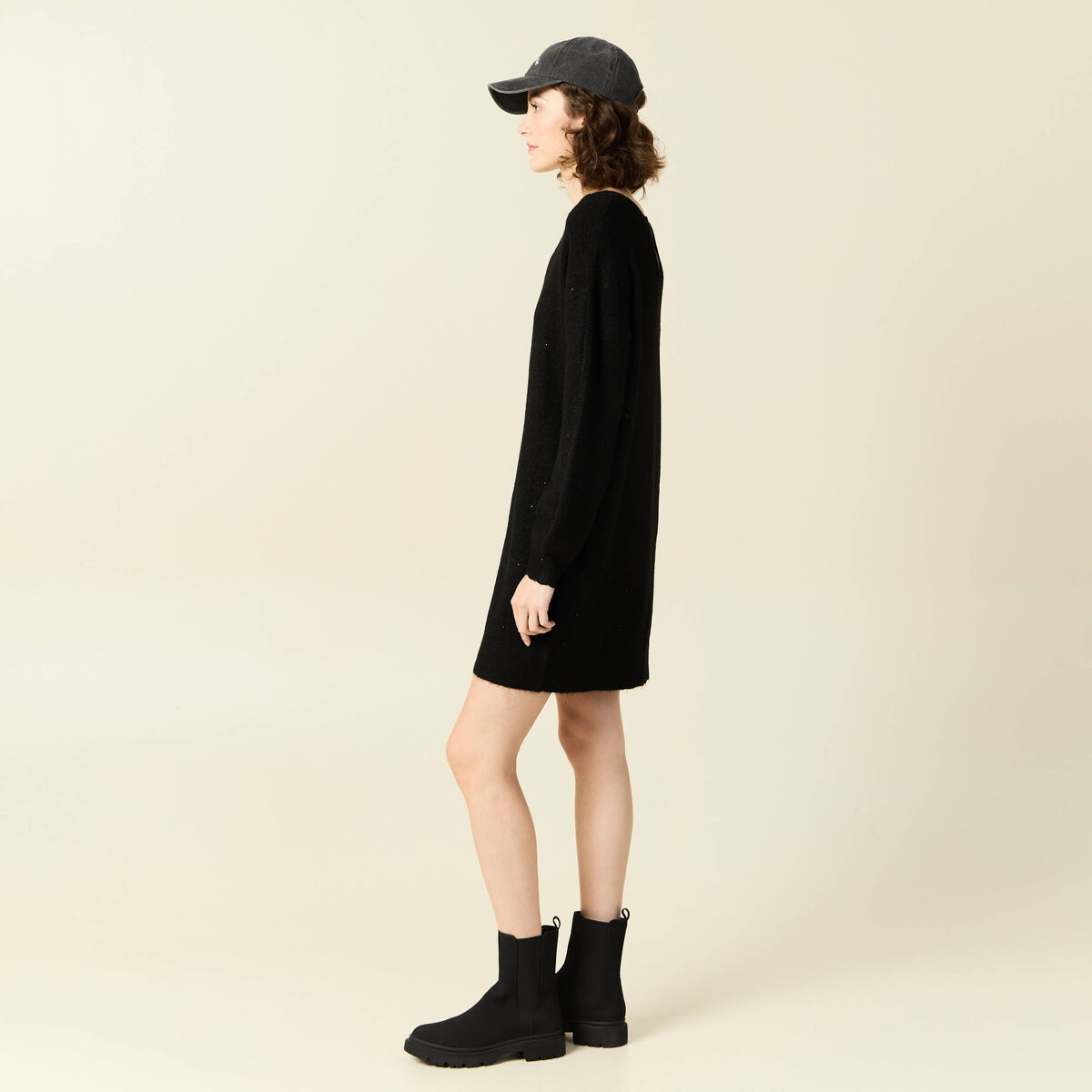 Robe pull droite sequins noir femme