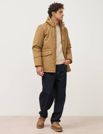 Parka longue droite &agrave; capuche vert kaki homme