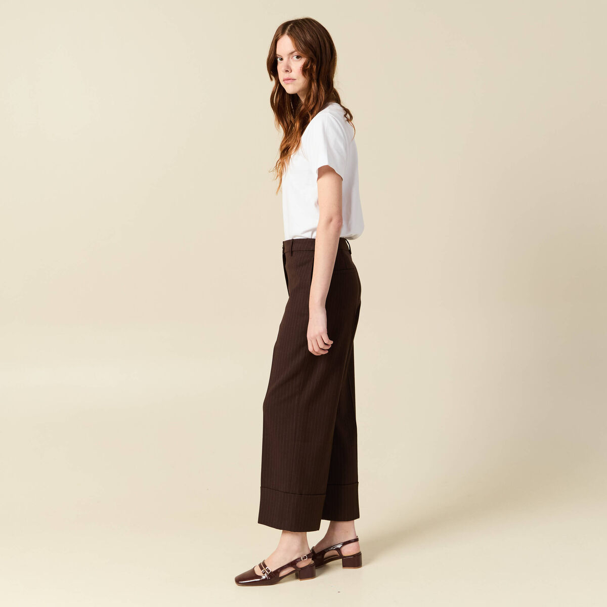 Pantalon taille haute marron fonc&eacute; femme