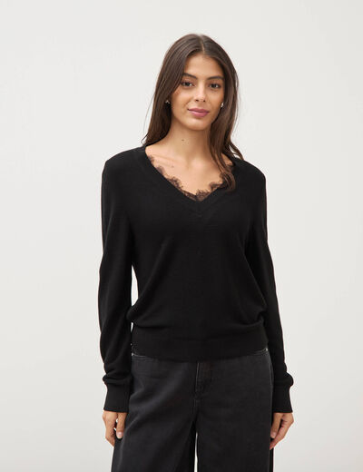 Pull droit col v manches longues noir femme