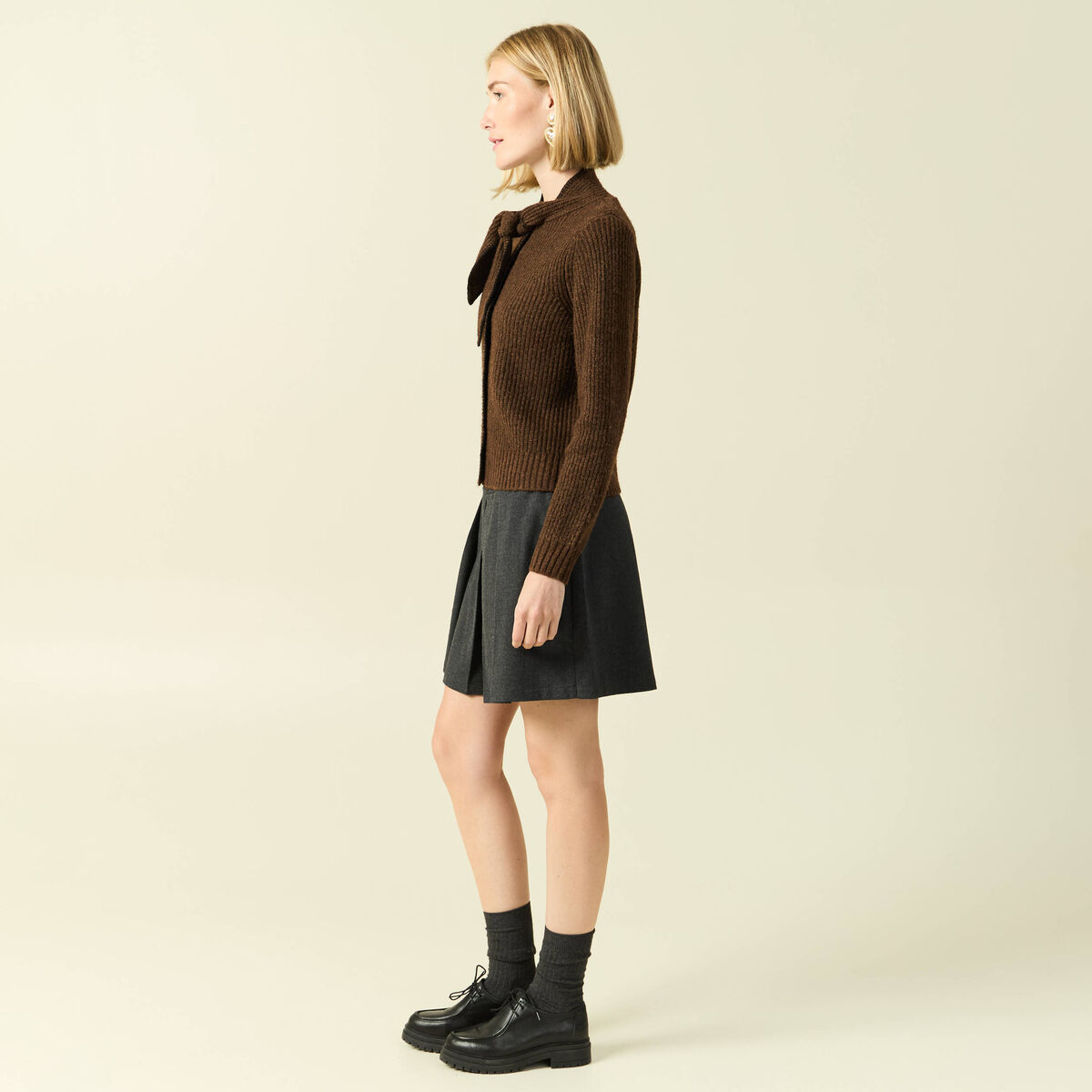 Pull col rond manches longues marron fonc&eacute; femme