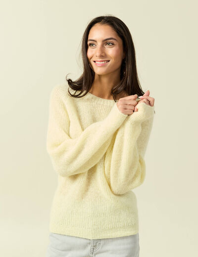 Pull manches longues col rond jaune femme