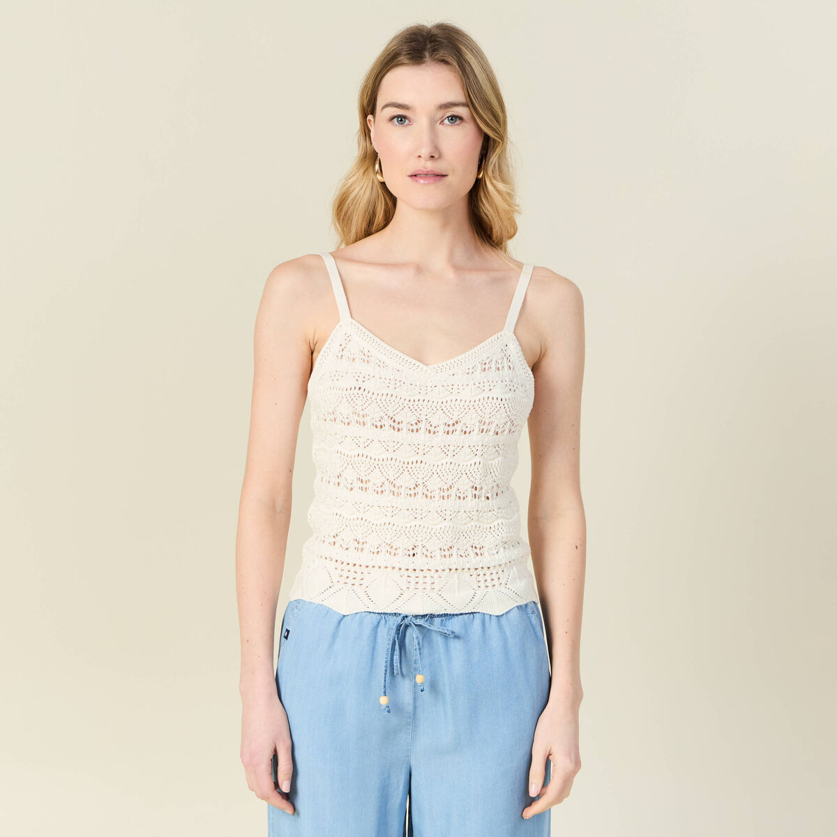 Débardeur tricot ajouré creme femme