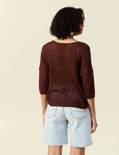 Pull manches 3/4 ajouré bordeaux femme