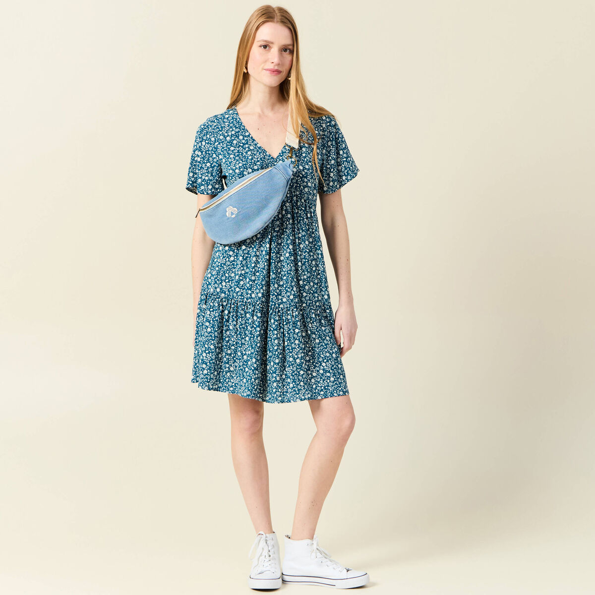 Robe évasée manches courtes bleu femme