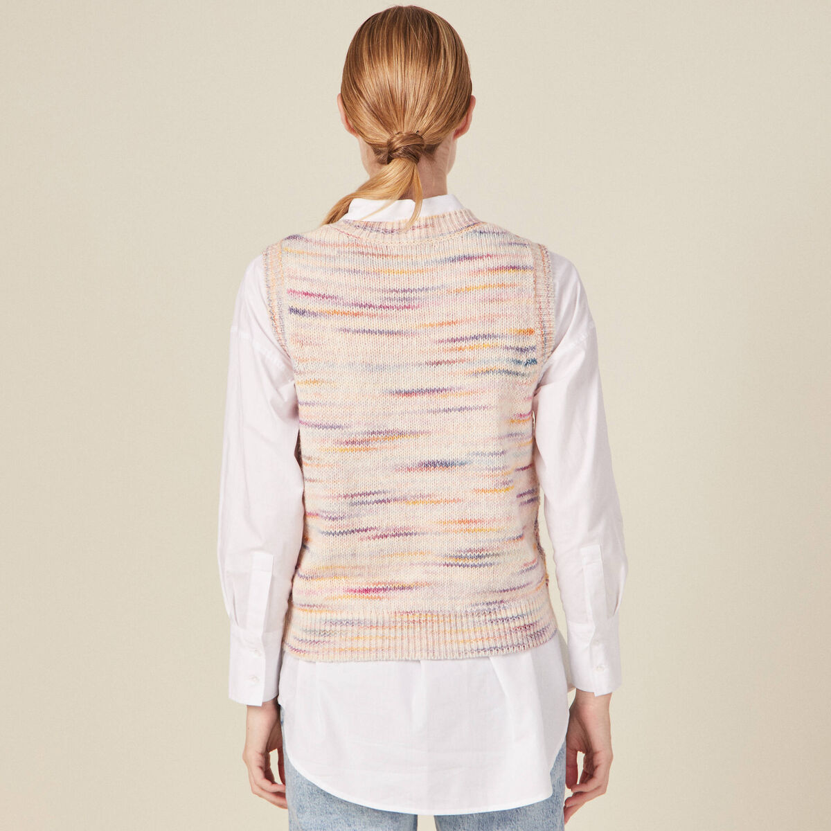 Pull sans manches ajouré creme femme