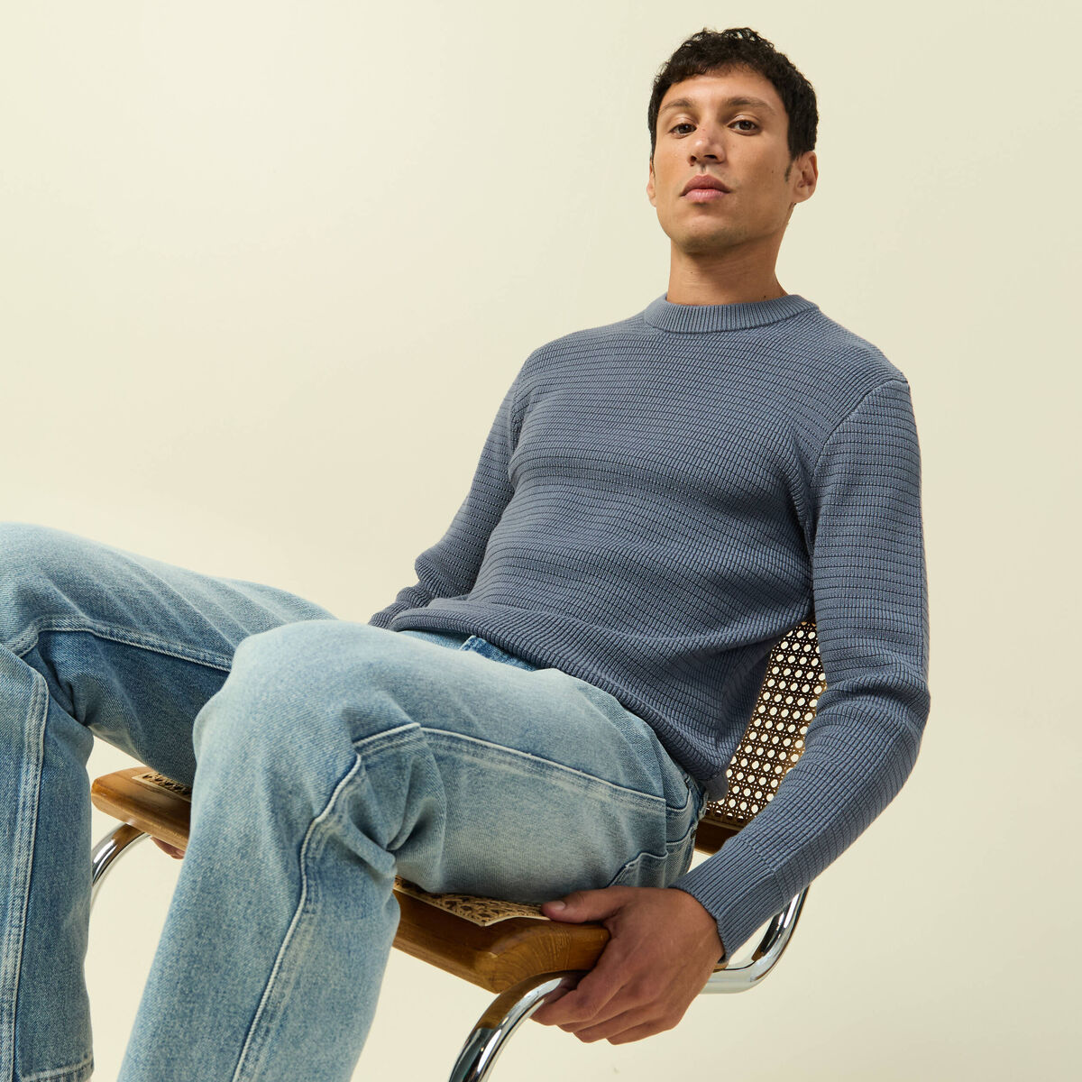 Pull col rond manches longues bleu gris homme