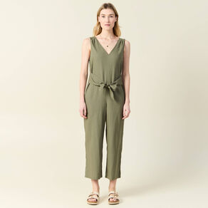 Combinaison pantalon col en V vert kaki femme