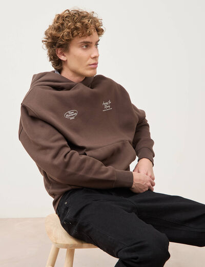 Sweat ample &agrave; capuche manches longues marron fonc&eacute; homme