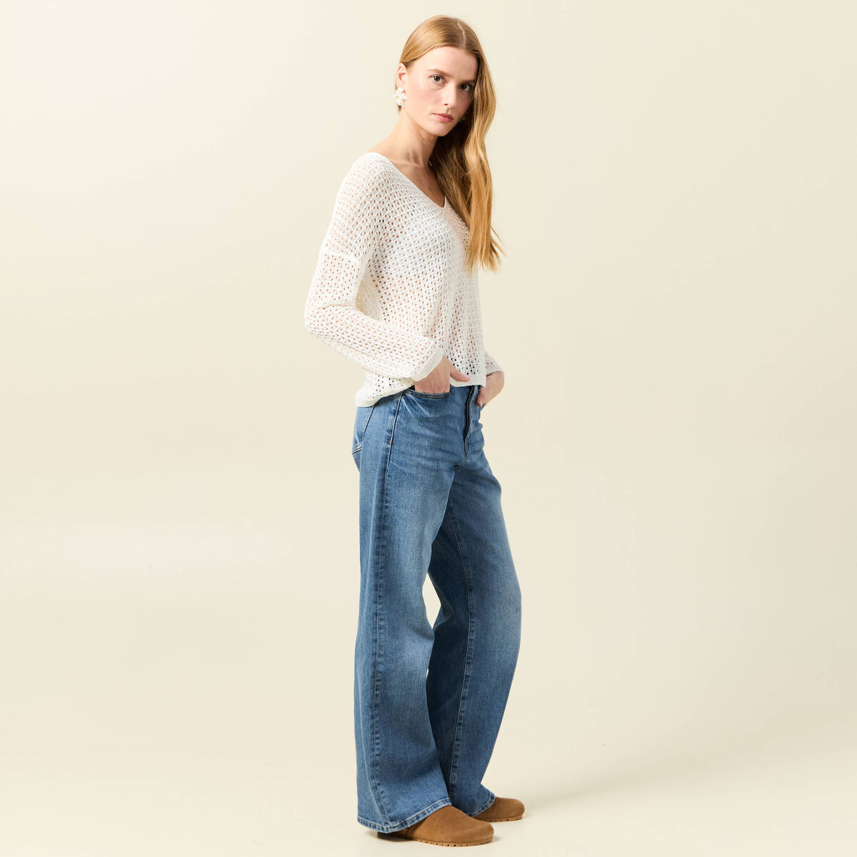 Pull manches longues ajouré ecru femme