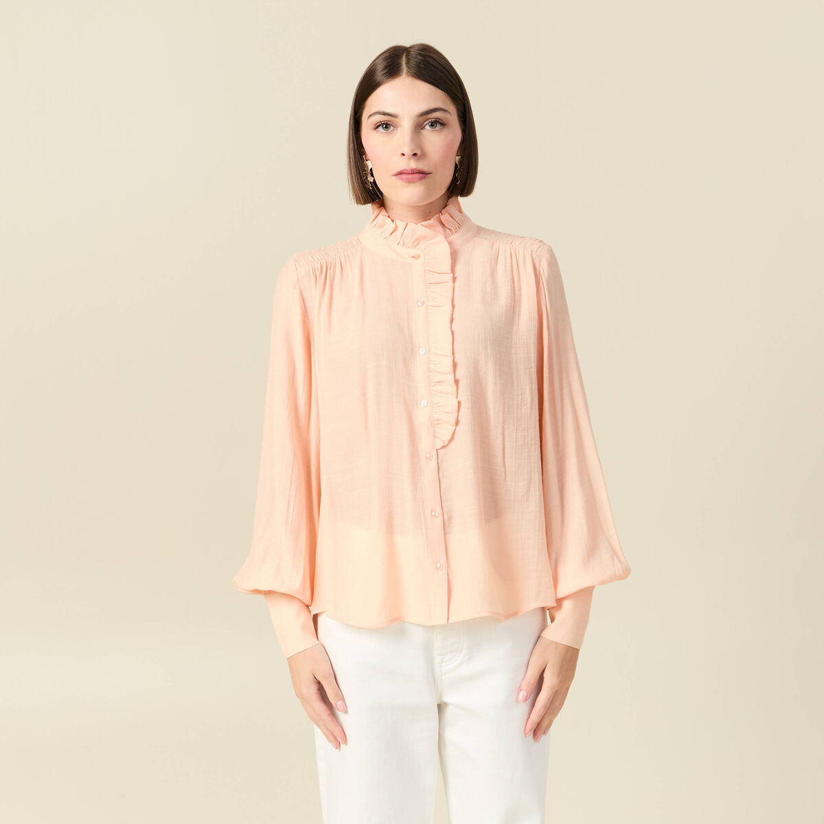 Chemise manches longues col montant rose champagne femme