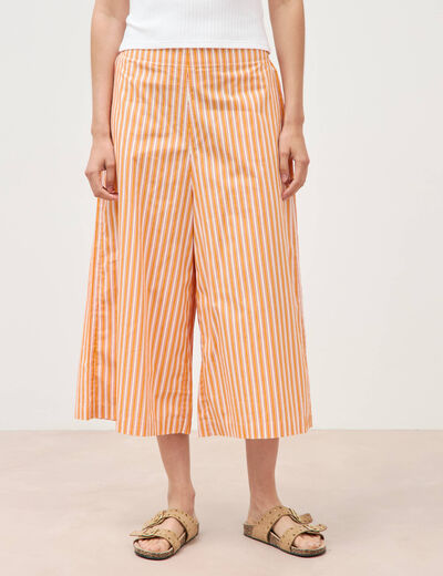 Pantalon large taille haute 3/4 en coton orange abricot femme