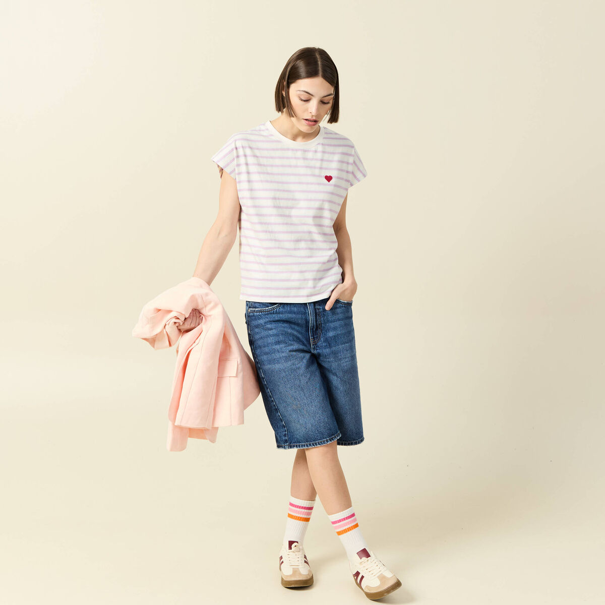 Bermuda large taille haute en coton denim stone femme