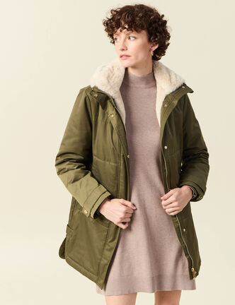 Parka droite à capuche vert kaki femme