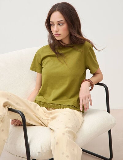 T-shirt droit col rond manches courtes vert kaki femme