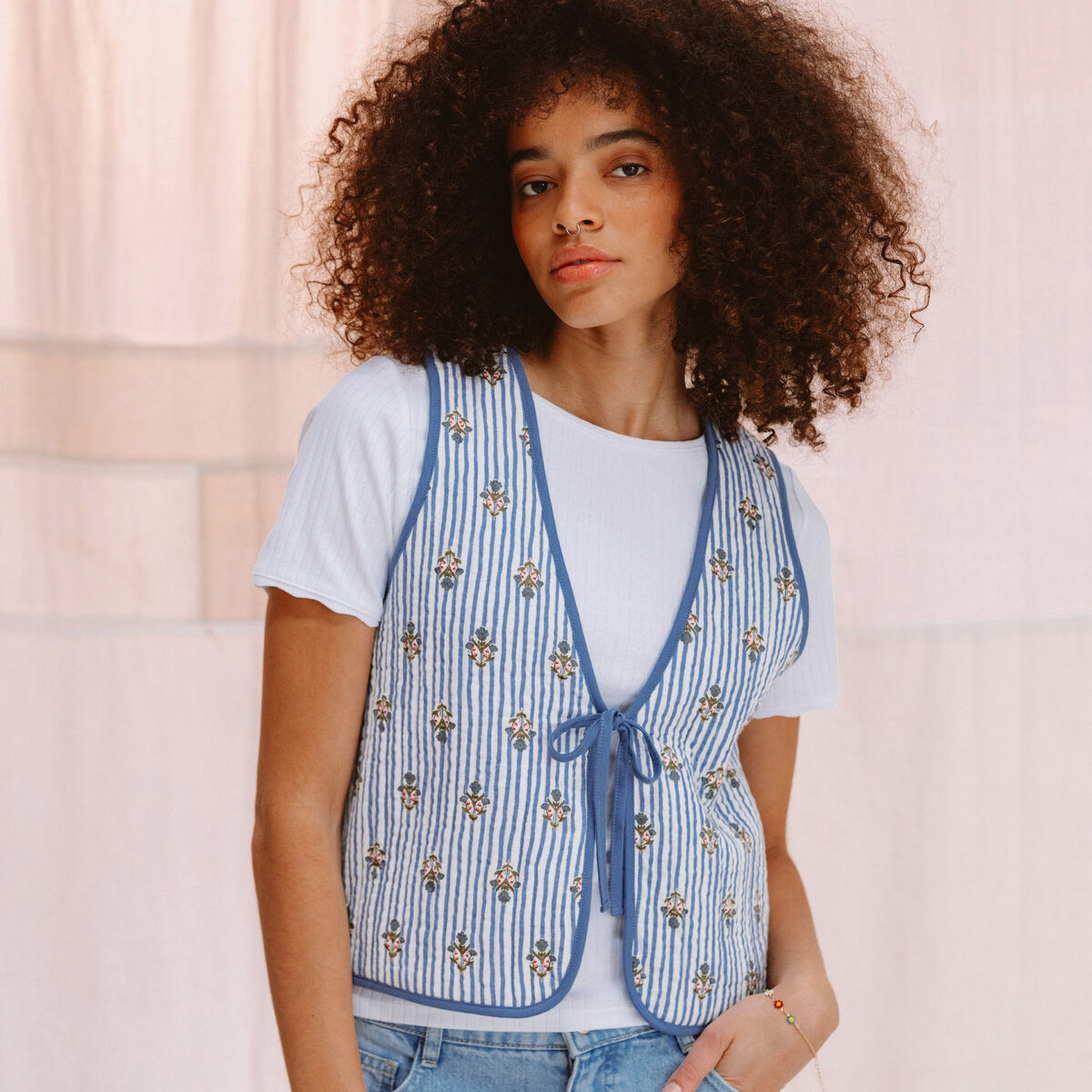 Gilet r&eacute;versible droit sans manches bleu ciel femme