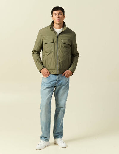 Blouson droit court &agrave; capuche vert kaki homme