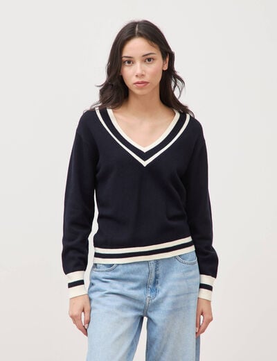 Pull manches longues bleu fonc&eacute; femme