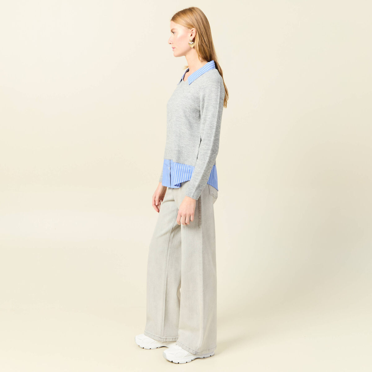 Pull manches longues gris clair femme