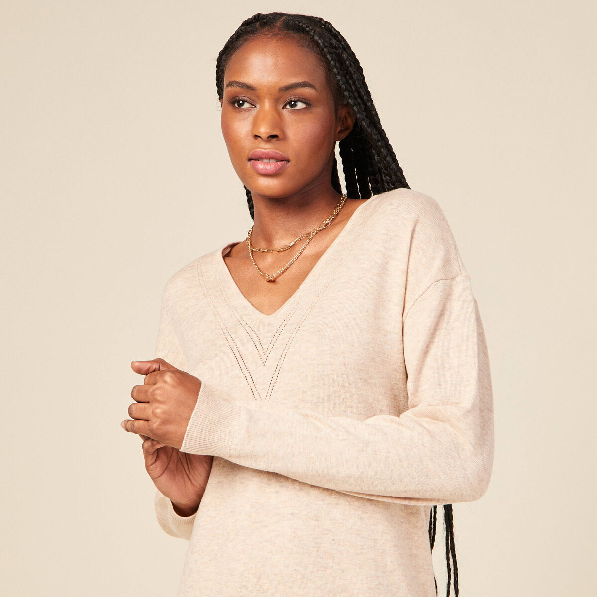 Robe cintr&eacute;e col v manches 3/4 creme femme