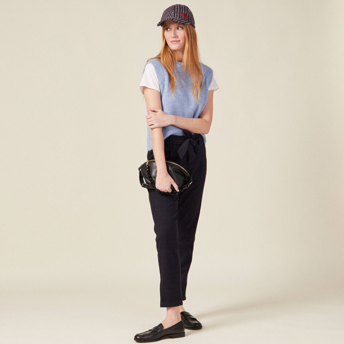 Pantalon carotte ceintur&eacute; bleu marine femme