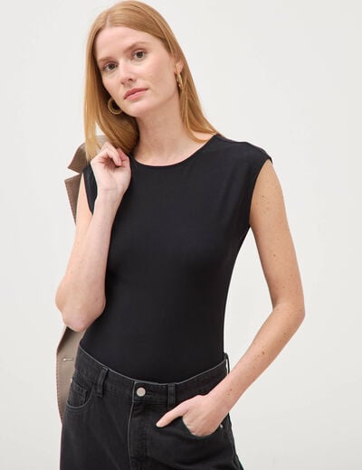Body ajust&eacute; col rond manches d&eacute;bardeur noir femme