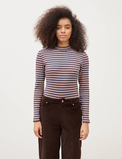 Body ray&eacute; col montant manches longues marron femme
