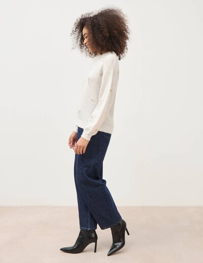 Pull droit brod&eacute; manches longues creme femme