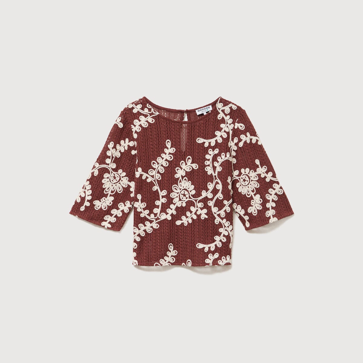 T-shirt brod&eacute; col rond manches 3/4 marron cognac femme
