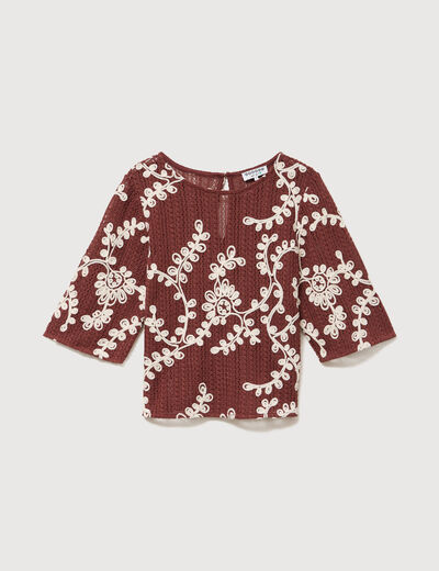 T-shirt brod&eacute; col rond manches 3/4 marron cognac femme