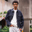 Veste droite en coton col classique denim brut rinse homme